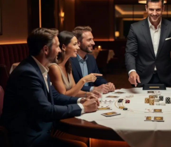 Animateur expliquant les règles du Blackjack à un groupe de convives autour d'une table