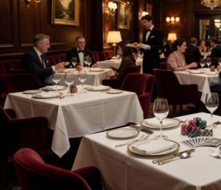 Détail de l'intérieur du restaurant Chatevoria avec lumière chaude, tables dressées et jetons décoratifs