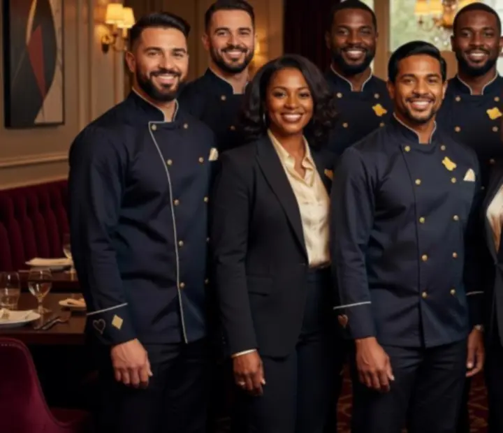 Portrait de l'équipe Chatevoria, chefs et hôtes réunis dans la salle du restaurant