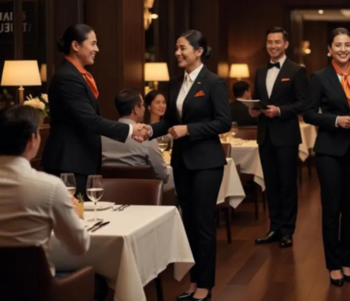 Équipe d’hôtes et de serveurs de Chatevoria prêts à accueillir une soirée thématique.
