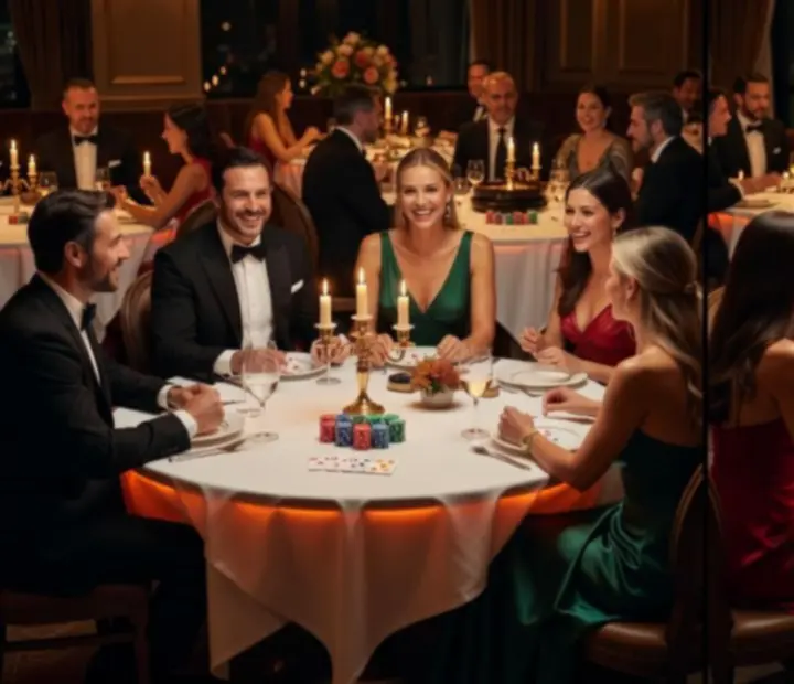 Soirée élégante chez Chatevoria avec tables animées, invités et lumière chaleureuse