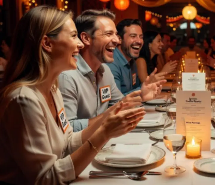 Galerie d'images montrant le restaurant Chatevoria lors de soirées thématiques, avec tables animées et décor élégant