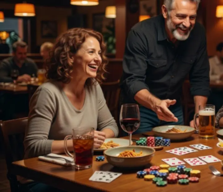 Invités autour d’une table de poker lors d’un événement dans un restaurant élégant
