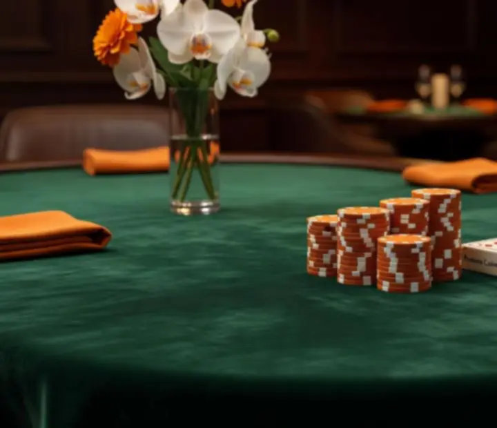 Détail d’une table de poker avec tapis feutré, cartes et jetons factices