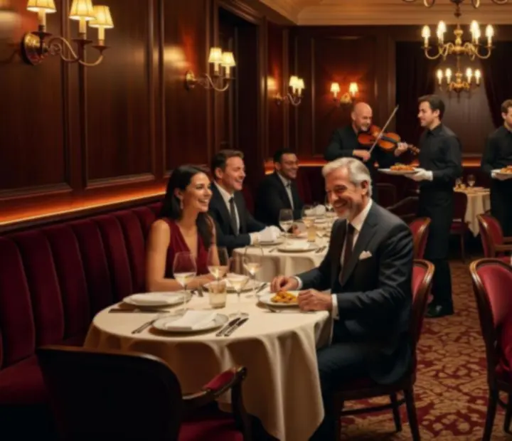 Ambiance de soirée élégante au restaurant Chatevoria avec tables animées et lumière chaleureuse