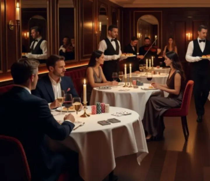 Soirée privée élégante dans un restaurant privatisé avec tables dressées et lumière chaleureuse