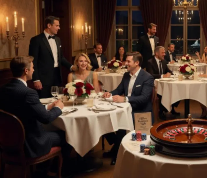 Soirée roulette élégante dans le restaurant Chatevoria, avec table ronde, hôtes et invités.