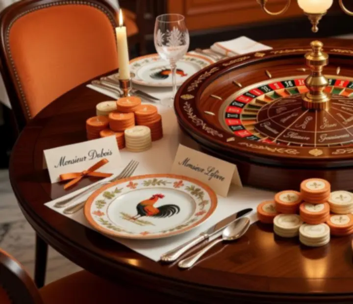 Détail du plateau de roulette et des jetons décoratifs sur la table du restaurant.