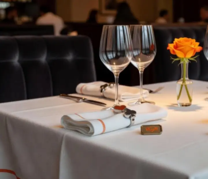 Détails de décor raffiné pour une soirée thématique avec lumière chaleureuse et accessoires sur les tables.